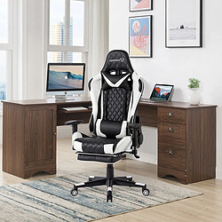 Fauteuil Gaming,Chaise Gaming Foxsport,Siège de bureau réglable avec repose-pieds télescopique,mécanisme basculent, coussin lombaire & appuie tête, accoudoirs 2D reglables,Blanc et noir