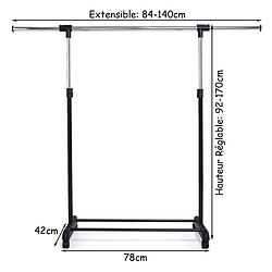 Helloshop26 Portant penderie à vêtements mobile télescopique en acier inoxydable hauteur et largeur réglables capacité 90 kg roulettes 20_0000975 pas cher