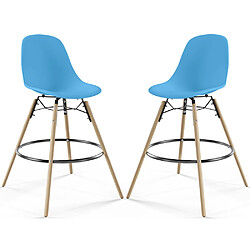 ICONIK INTERIOR Tabouret de Bar - Design Scandinave - Pieds en Bois - Lot de 2 - Skögur Bleu