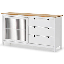 Avis Pegane Buffet bas en pin massif décor ciré chêne et blanc, meuble de rangement - Longueur 150 x Profondeur 40 x Hauteur 80 cm