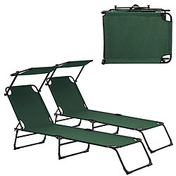 Helloshop26 Lot de 2 transats pliable avec toiture pare-soleil de relax acier 190 cm vert foncé 03_0004514