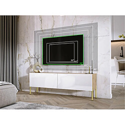 3XELIVING Meuble TV en couleur Chêne wotan / Blanc Brillant avec pieds droits en or, D: l : 140 cm, H : 52 cm, P : 32 cm pas cher