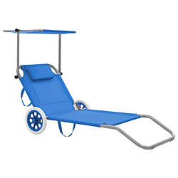 vidaXL Chaise longue pliable avec auvent et roues Acier Bleu 