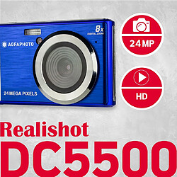 AGFA PHOTO Realishot DC5500 - Appareil Photo Numérique Compact, 24 MP, 2.4'' LCD, Zoom Digital 8x, Batterie Lithium - Bleu - Bleu