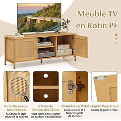 Avis Helloshop26 Meuble TV jusqu'à 55 pouces table console multimédia en rotin pe 2 armoires étagère ouverte 5 pieds en métal centre de divertissement 2 trous naturel 20_0008883