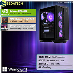 Sedatech Pack PC Gamer ATX Compact • AMD Ryzen 7 9800X3D • RTX4060 • 32Go DDR5 • 2To SSD M.2 • Windows 11 • Moniteur 27''