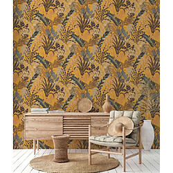 As Creation Livingwalls papier peint feuilles tropicales jaune ocre, bleu et beige pas cher