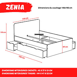 Acheter Le Quai Des Affaires Lit double ZENIA 140x190 + 2 chevets + 2 tiroirs / Blanc