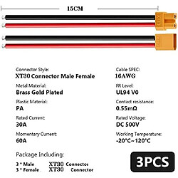 3 paires XT30 Connecteur, Lipo Connecteurs De Batterie, avec Câble en Silicone 100mm 16AWG