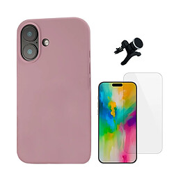 Kit Verre Trempé Clearglass + Housse Silicone Liquide + Support De Voiture Magnétique Phonecare Compatible avec Apple iPhone 16 - Rose