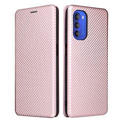 Coque en TPU + PU texture en fibre de carbone avec béquille en anneau et porte-carte or rose pour votre Motorola Moto G51 5G