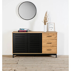 Pegane Buffet en pin massif noir, meuble de rangement coloris chêne - Longueur 141 x Profondeur 40 x Hauteur 80 cm pas cher