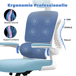 BIGZZIA Chaise de Bureau Ergonomique - Fauteuil - avec accoudoir rabattable à 90° - Support Lombaire - Réglable en hauteur Bleu