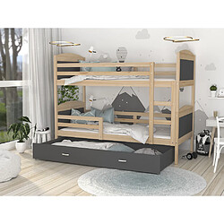 Kids Literie Lit Superposé Mateo 90x190 Pin - gris Livré avec sommiers, tiroir et matelas en mousse de 7cm