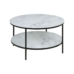 Toilinux Table basse ronde effet marbre en verre et métal 2 niveaux - L.80 cm x H. 45 cm - Noir et blanc