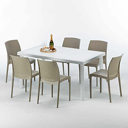 Avis Table Rectangulaire Blanche 150x90cm Avec 6 Chaises Colorées Grand Soleil Set Extérieur Bar Café Boheme SummerLIFE, Couleur: Beige