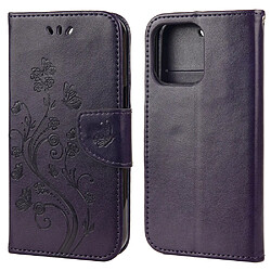 Etui en PU + TPU motif fleur et papillon avec support violet foncé pour votre Apple iPhone 13 6.1 pouces