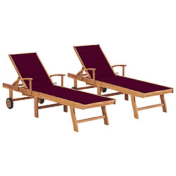 Helloshop26 Lot de 2 transats chaise longue bain de soleil lit de jardin terrasse meuble d'extérieur 195 cm avec coussin rouge bordeaux teck solide 02_0012036