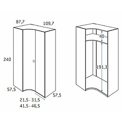 Inside 75 Armoire d'angle porte courbe à gauche 109,7 x 240 cm finition chêne blanchis 1 étagère