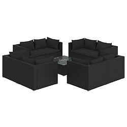 vidaXL Salon de jardin 9 pcs avec coussins Résine tressée Noir