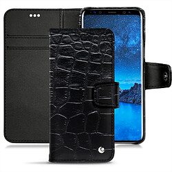 Housse cuir Samsung Galaxy S9 - Rabat portefeuille - Crocodile nero ( Noir / Black) - NOREVE