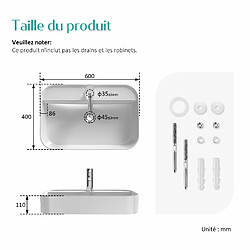 EMKE Vasque à Poser en céramique, Lavabo rectangulaire en céramique Arc, blanc brillant - 60 x 40 x 11 cm pas cher