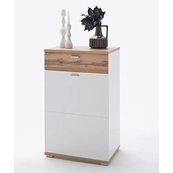 Pegane Commode à chaussures gauche en mélaminé chêne wotan / blanc - Longueur 58 x Hauteur 95 x Profondeur 40 cm