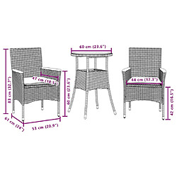 vidaXL Ensemble à manger de jardin et coussins 3 pcs gris rotin verre pas cher