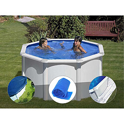 Kit piscine acier blanc Gré Fidji ronde 2,60 x 1,22 m + Bâche hiver + Bâche à bulles + Tapis de sol