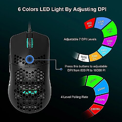 Acheter Universal AJ390 Gaming Mouse 6 couleurs LED LED 16000dpi réglable 7 touches en nid d'abeille creuse 69g câblé