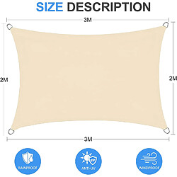 BESTA Voile d'ombrage Imperméable Rectangulaire 2 x 3m Toile Ombrage 95% Une Protection des Rayons UV pour Extérieur Terrasse Jardin Balcon, Beige