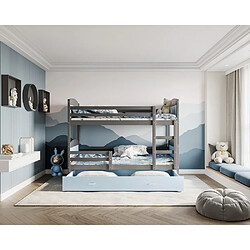 Kids Literie Lit Superposé Mateo 90x190 Gris - bleu Livré avec sommiers, tiroir et matelas en mousse de 7cm