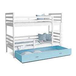 Kids Literie Lit Superposé Milo 90x190 Blanc - bleu Livré avec sommiers, tiroir et matelas en mousse de 7cm