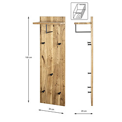 Pegane Garderobe murale, Patère murale en bois coloris chêne huilé et métal noir -longueur 30 x profondeur 20 x hauteur 100 cm