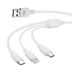 Câble USB 3 en 1 vers Micro-USB iPhone Lightning USB Type C 5A LinQ Blanc