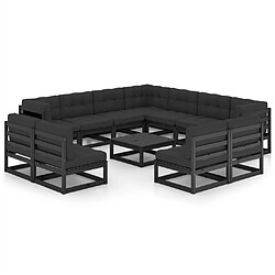 vidaXL Salon de jardin 12 pcs avec coussins Noir Bois de pin massif