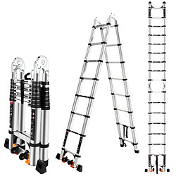 5.0M Échelle Télescopique en Aluminium Pliante avec 2 Roulettes (2,5M + 2,5M)