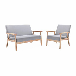 Banquette et fauteuil scandinave bois et tissu gris clair | sweeek