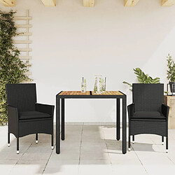 vidaXL Ensemble à manger de jardin et coussins 3 pcs noir rotin acacia