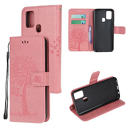 Etui en PU empreinte arbre hibou élégant avec support rose pour votre Samsung Galaxy A21s