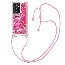 Coque en TPU motif sables mouvants pailletés avec cordon réglable fleur de cerisier pour votre Samsung Galaxy S21 Ultra 5G