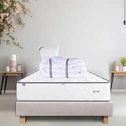 LUXURY LITERIE Ensemble Sommier beige (20cm), Matelas Iris (20 cm) mousses haute densité, ferme, face été/hiver, Oreiller et Couette, 90x190cm