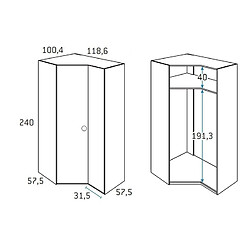 Inside 75 Armoire d'angle pan-coupé droite 2 portes 118,6 x 240 cm finition chêne blanchis 1 étagère