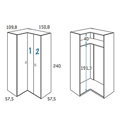 Inside 75 Armoire d'angle équerre porte droite pliante 150,8 x 240 cm finition chêne blanchis 1 étagère intérieure