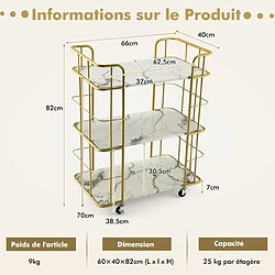 Helloshop26 Desserte de cuisine imprimée marbre à 3 niveaux 66 x 40 x 82 cm chariot de service à roulettes avec structure en métal doré 20_0005425