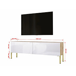 Avis 3XELIVING Meuble TV en couleur Chêne wotan / Blanc Brillant avec pieds droits en or, D: l : 140 cm, H : 52 cm, P : 32 cm