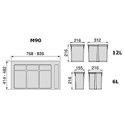 Avis Emuca Kit de poubelles, 12 L + 12 L + 6 L + 6 L, module 900 mm, Plastique, Gris