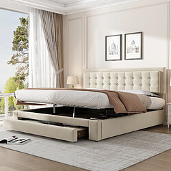 LBF Lit Capitonné 180 x 200cm, Lit Coffre Lit Rembourré,Sommier à Lattes avec Caisson et Tiroirs, Tissu Velours, Lit Double Grand Rangement, Lit rembourré 180 x 200 cm,Beige(sans Matelas) pas cher