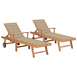 Helloshop26 Lot de 2 transats chaise longue bain de soleil lit de jardin terrasse meuble d'extérieur avec coussin beige bois de teck solide 02_0012026