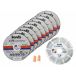 kwb 712031 Disque à tronçonner diamant fin pour meuleuse d'angle 115 mm Flex pour acier inoxydable dans boîte de rangement avec bouchons d'oreille 115 x 1,0 x 22,23